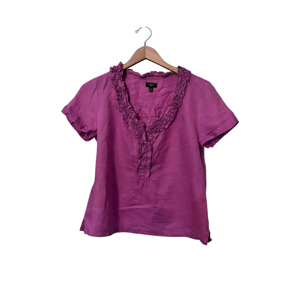 Talbots Pink Short Sleeve Linen Ruffle V-Neck Top Women's Sz 8p Petites